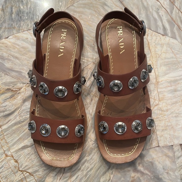 Prada Brown Leather Sandals with Large Rhinestones - Picture 1 of 9